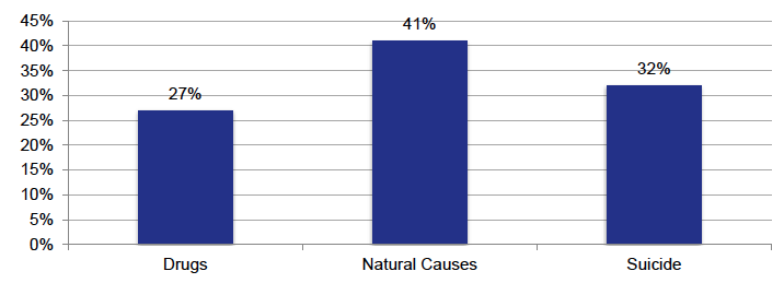 Chart 9 provides a breakdown of the recorded cause of the death of those in prison or HMYOI. 27% related to drugs, 41% related to natural causes, 32% related to suicide.