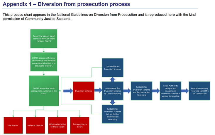 Appendix 1 shows the diversion from prosecution process in a comprehensive flowchart. The process is listed below. 